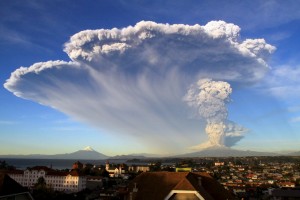 Smoke and ash rise from the Calbuco volcano, seen from Puerto Varas city