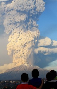 Smoke and ash rise from the Calbuco volcano, seen from Puerto Varas city