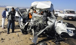 Two tour buses that crashed into each another are seen on Hurgada highway